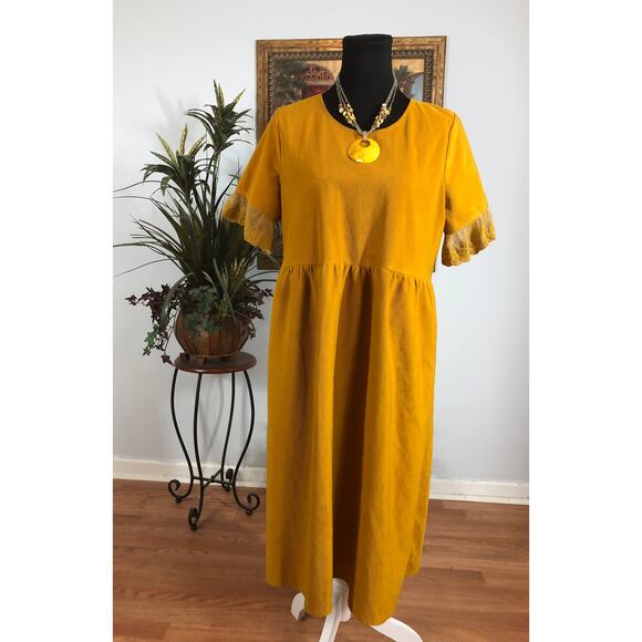 Roolee Dress Women Large Yellow Lace Sleeve Midi Modest Boho Casual Lined - Picture 1 of 12